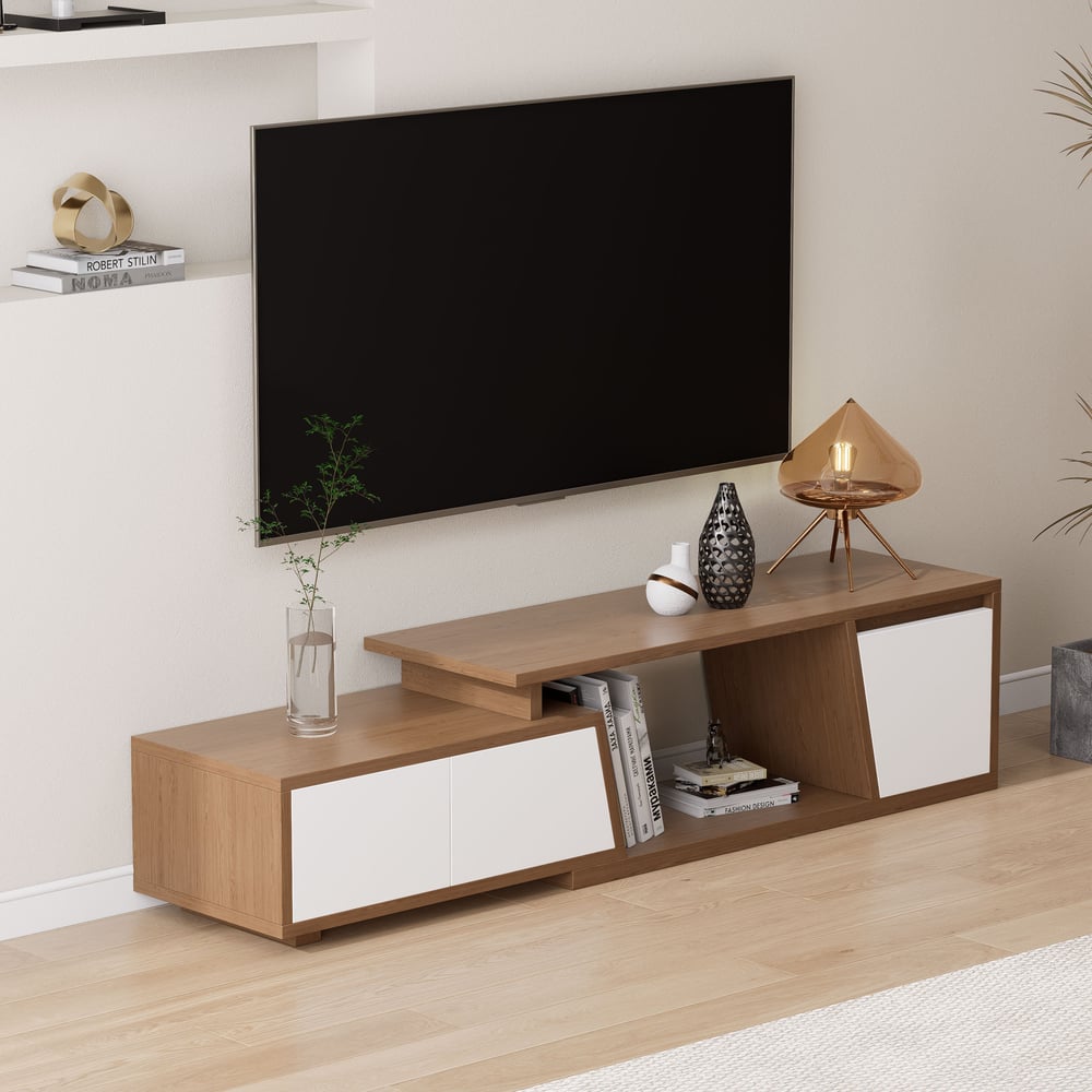 Wysuwana szafka telewizyjna Fero w kolorze białym i orzechowym z 3 szufladami, 120-180 cm obraz okna