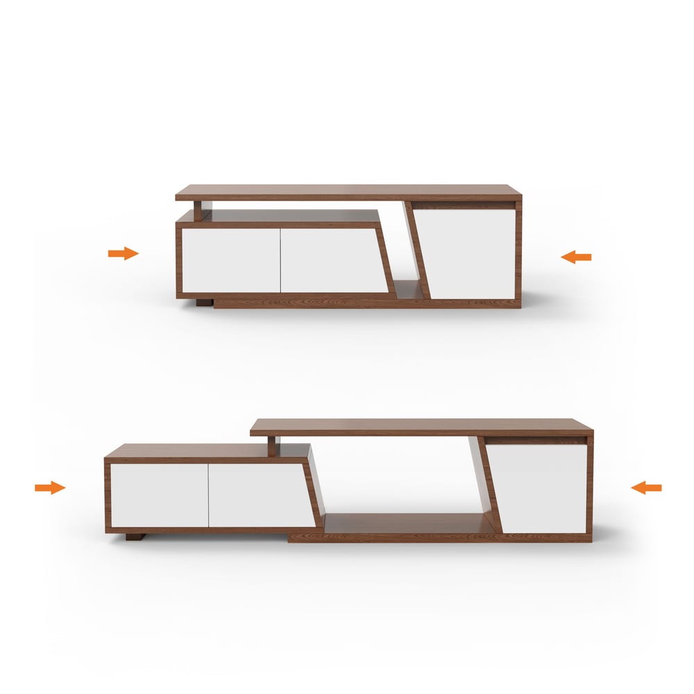 Wysuwana szafka telewizyjna Fero w kolorze białym i orzechowym z 3 szufladami, 120-180 cm obraz okna
