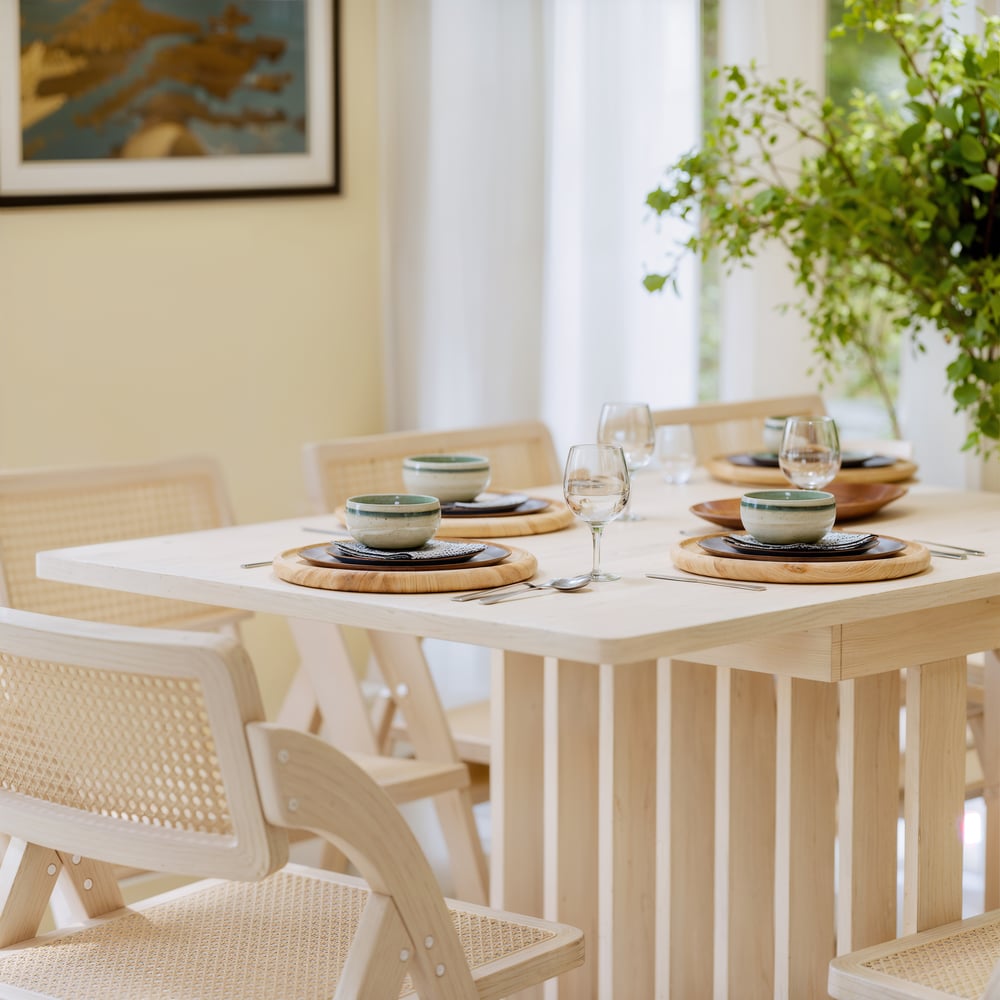 55"-87" Japandi Extendable Dining Table Whitewash Seats 4-8 People window image