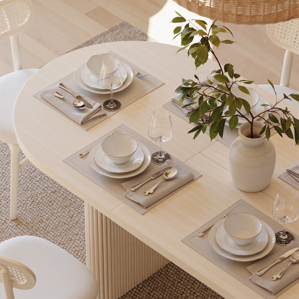 63"-79" Japandi Style Oval Extendable Dining Table Whitewash Seats 6-8 People window image