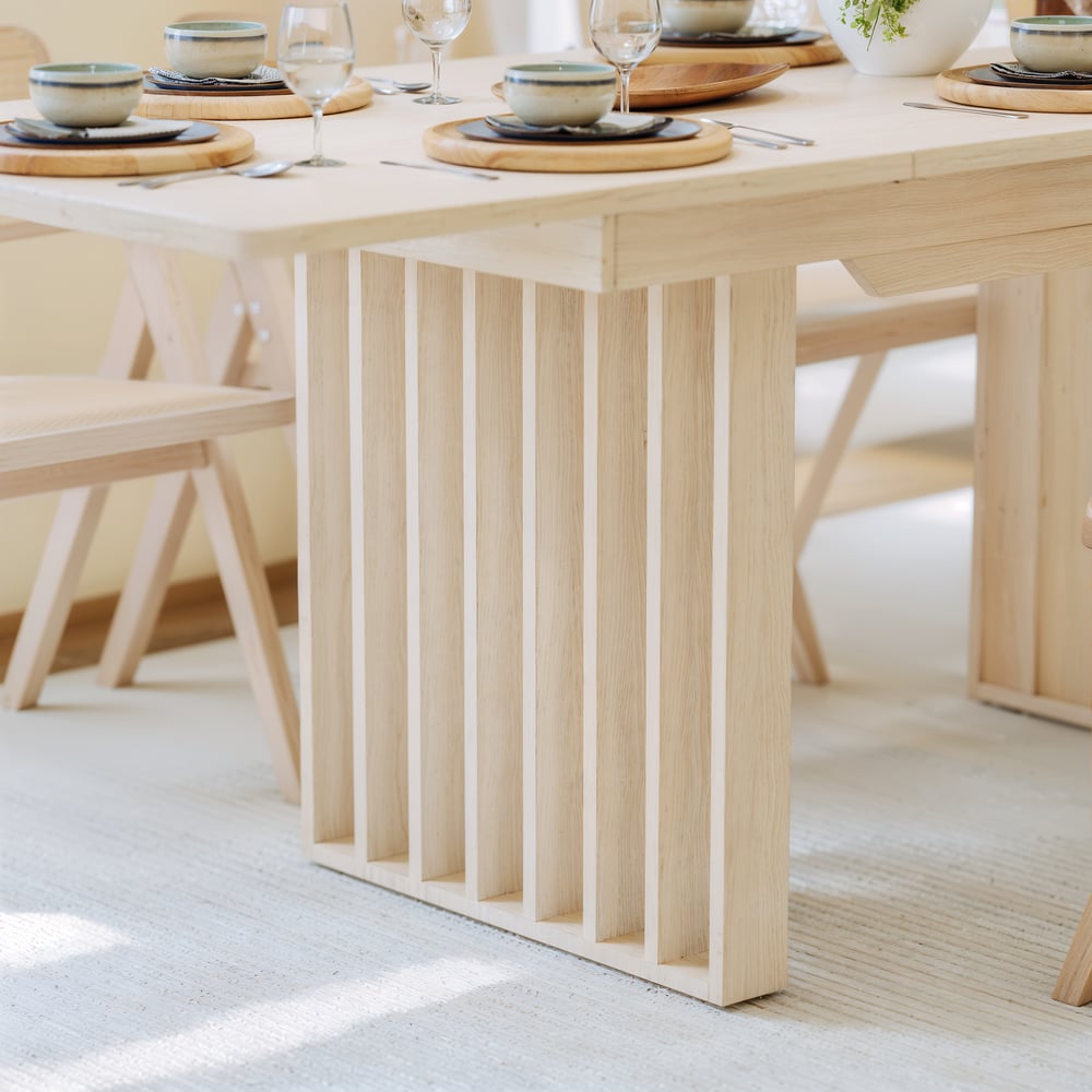 55"-87" Japandi Extendable Dining Table Whitewash Seats 4-8 People window image