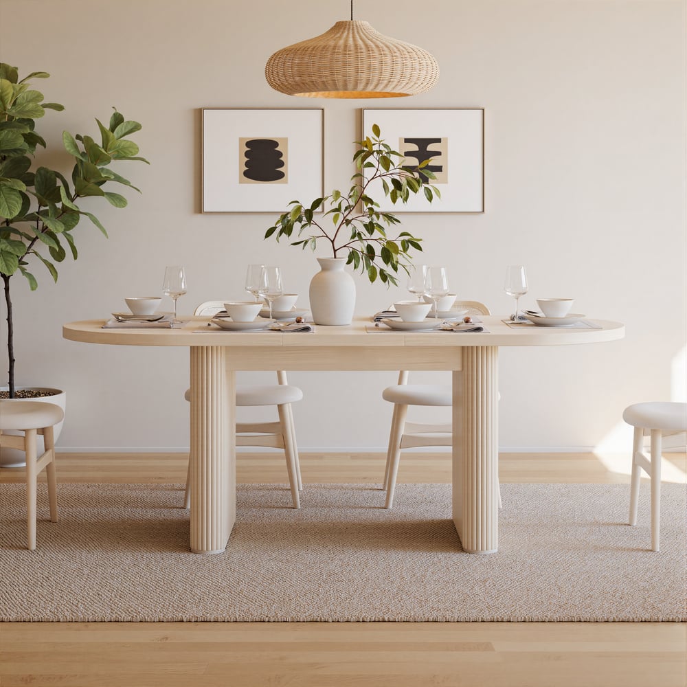 63"-79" Japandi Style Oval Extendable Dining Table Whitewash Seats 6-8 People window image