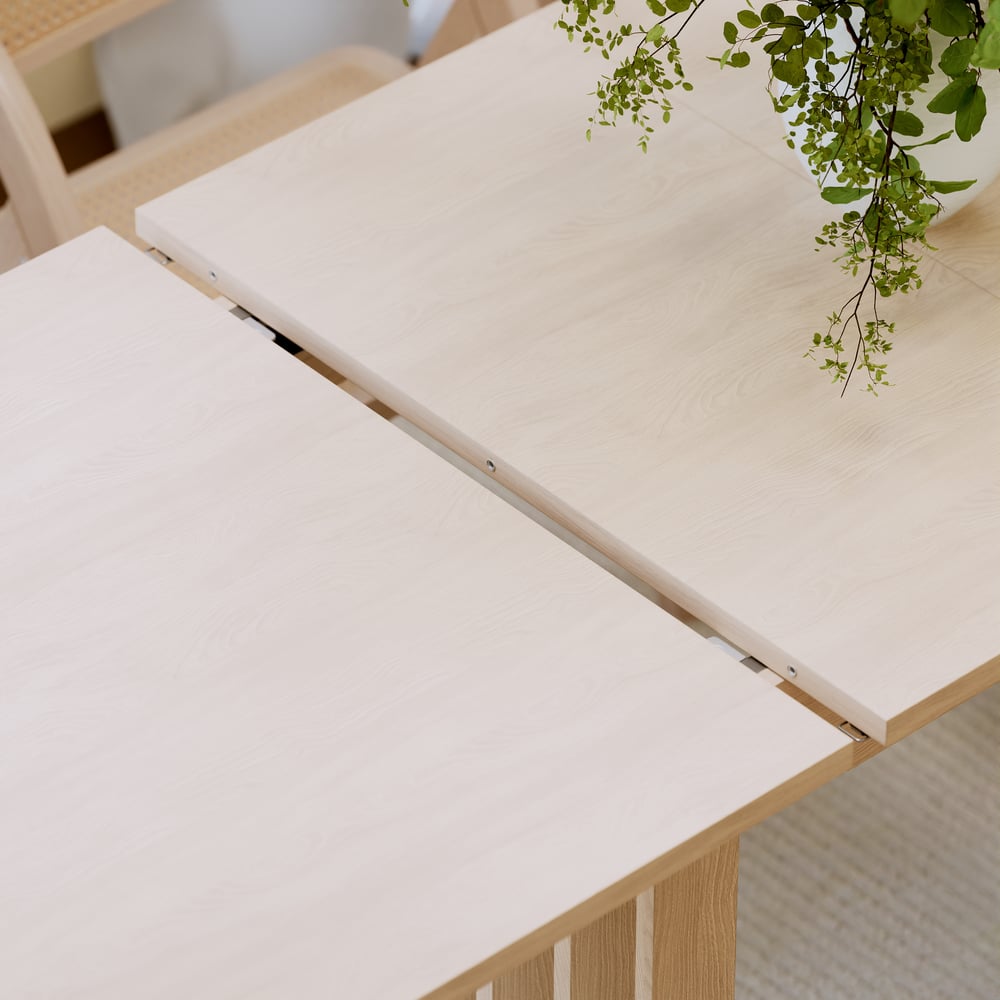 55"-87" Japandi Extendable Dining Table Whitewash Seats 4-8 People window image