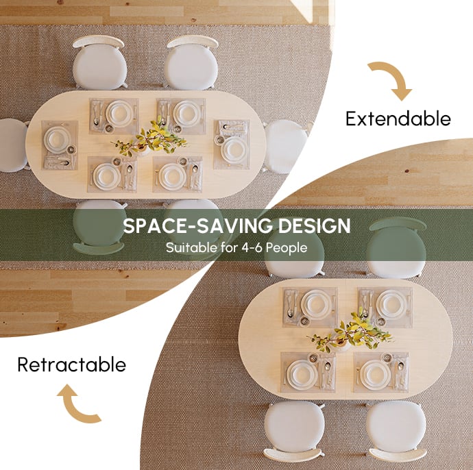 63"-79" Japandi Style Oval Extendable Dining Table Whitewash Seats 6-8 People window image