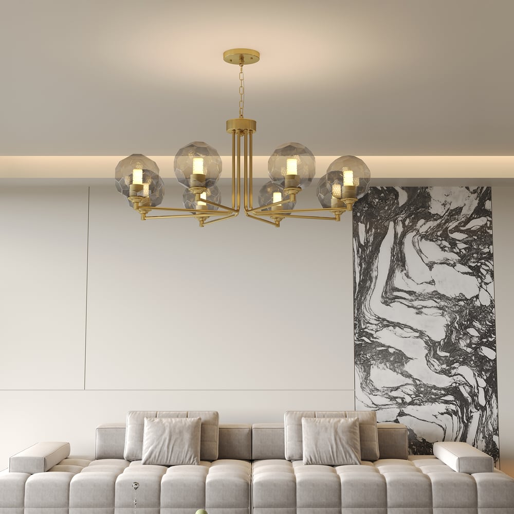 8-Light Sputnik Chandelier in Gold Globe Glass Shade Included window image