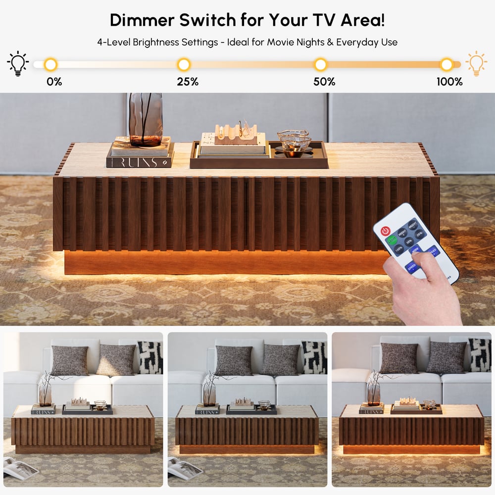 Aura 83" Ash Wood Slatted Walnut TV Stand Coffee Table Set with Sintered Stone Top window image