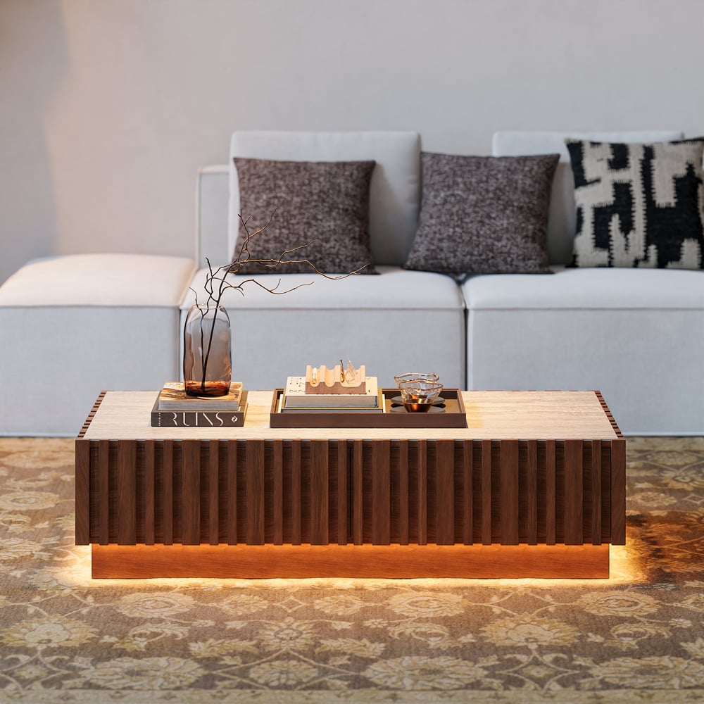 Aura 83" Ash Wood Slatted Walnut TV Stand Coffee Table Set with Sintered Stone Top window image