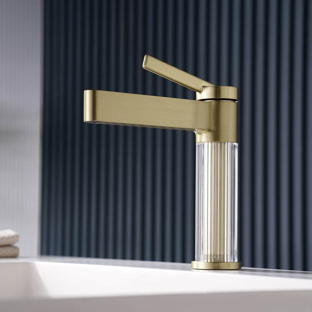Luxury Brushed Gold Bathroom Faucet – Solid Brass Body with Acrylic Column window image