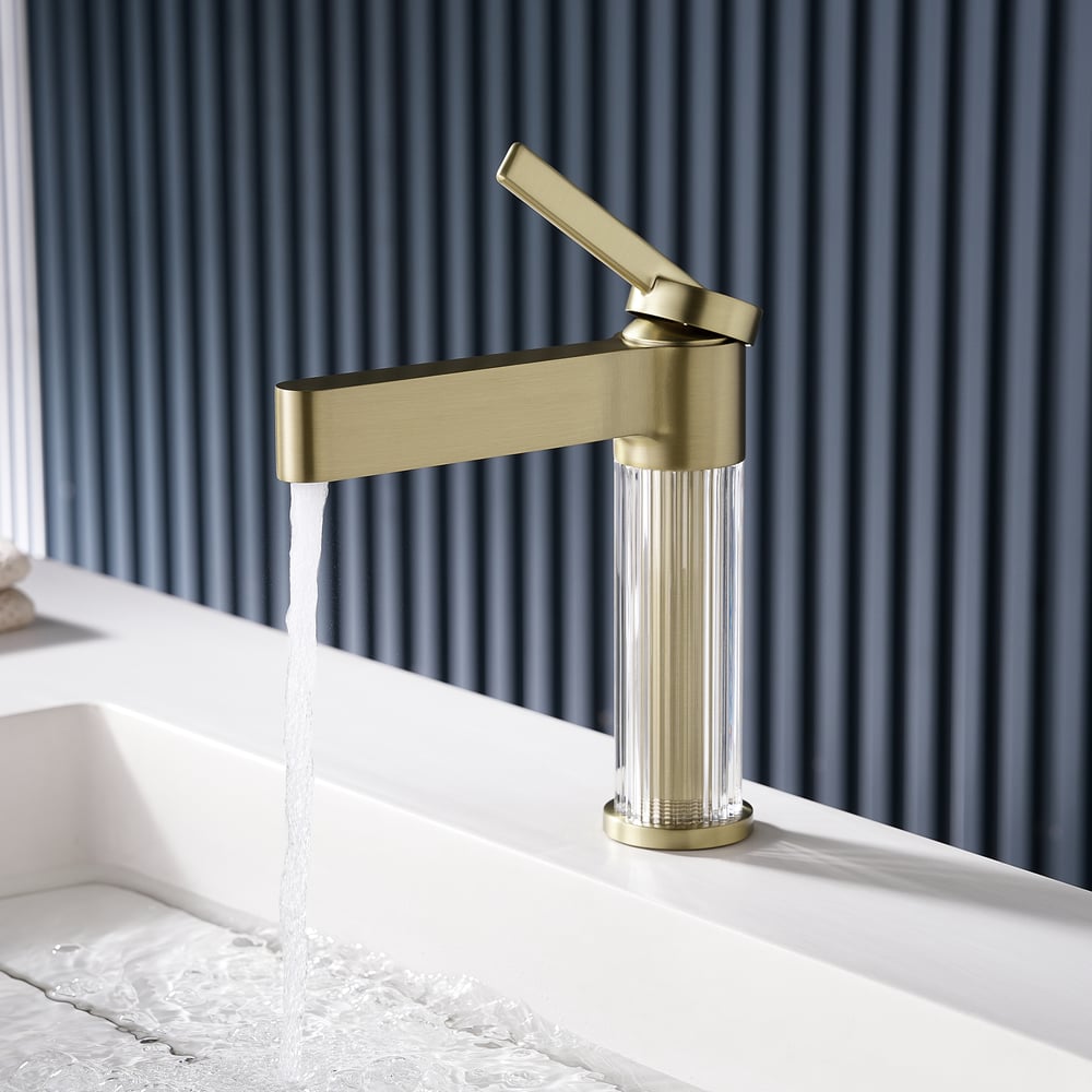 Luxury Brushed Gold Bathroom Faucet – Solid Brass Body with Acrylic Column window image