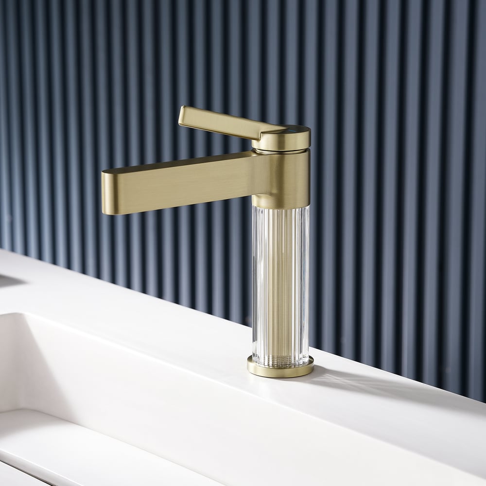 Luxury Brushed Gold Bathroom Faucet – Solid Brass Body with Acrylic Column window image