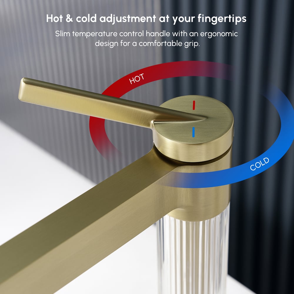Luxury Brushed Gold Bathroom Faucet – Solid Brass Body with Acrylic Column window image