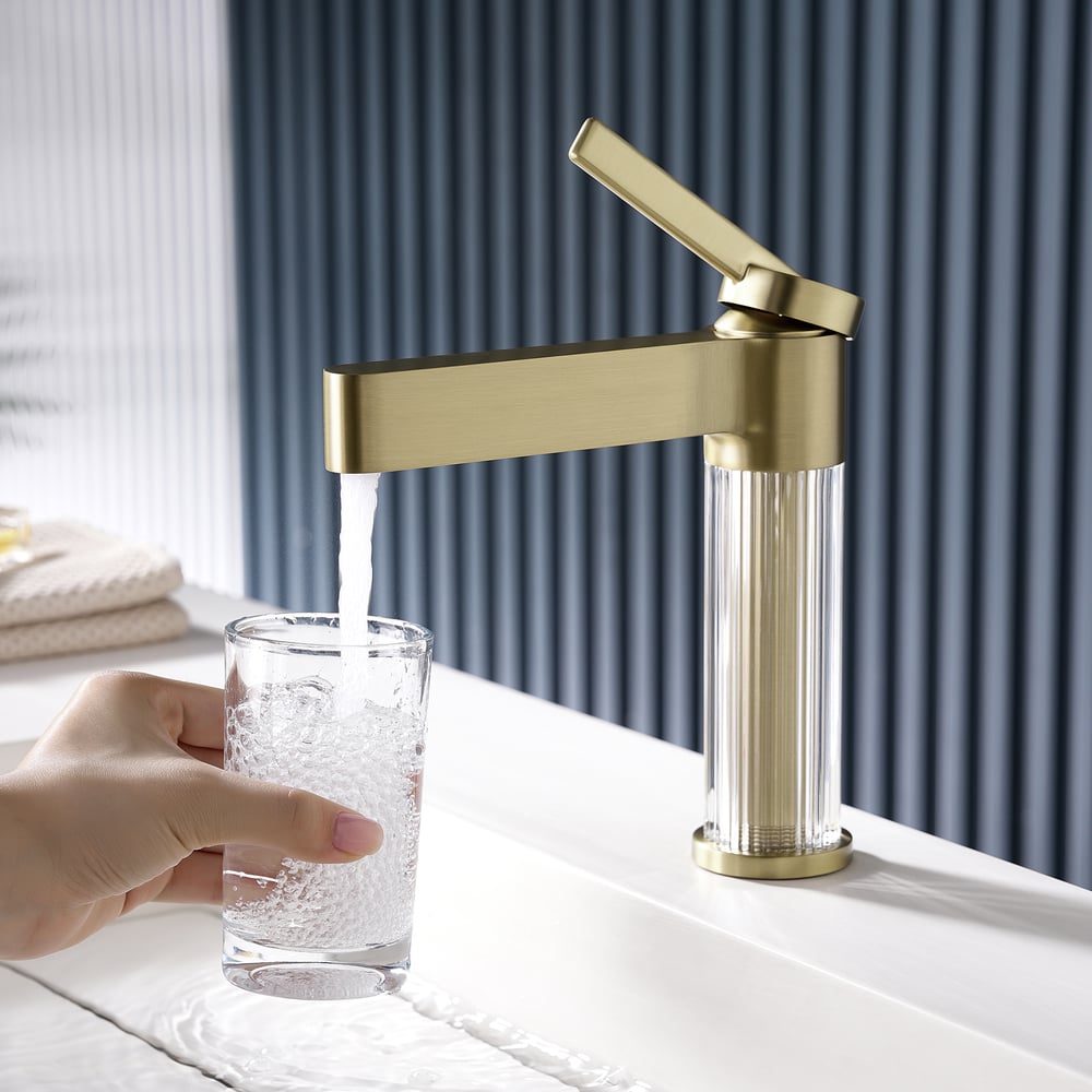 Luxury Brushed Gold Bathroom Faucet – Solid Brass Body with Acrylic Column window image