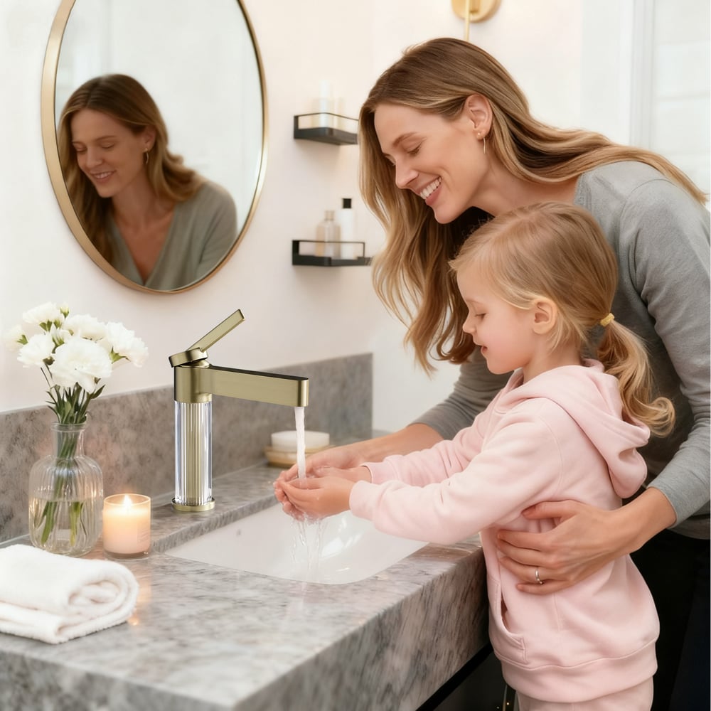 Luxury Brushed Gold Bathroom Faucet – Solid Brass Body with Acrylic Column window image