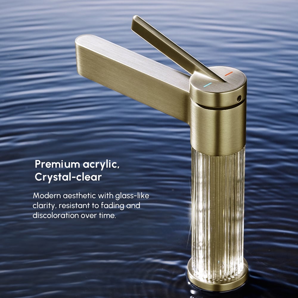 Luxury Brushed Gold Bathroom Faucet – Solid Brass Body with Acrylic Column window image