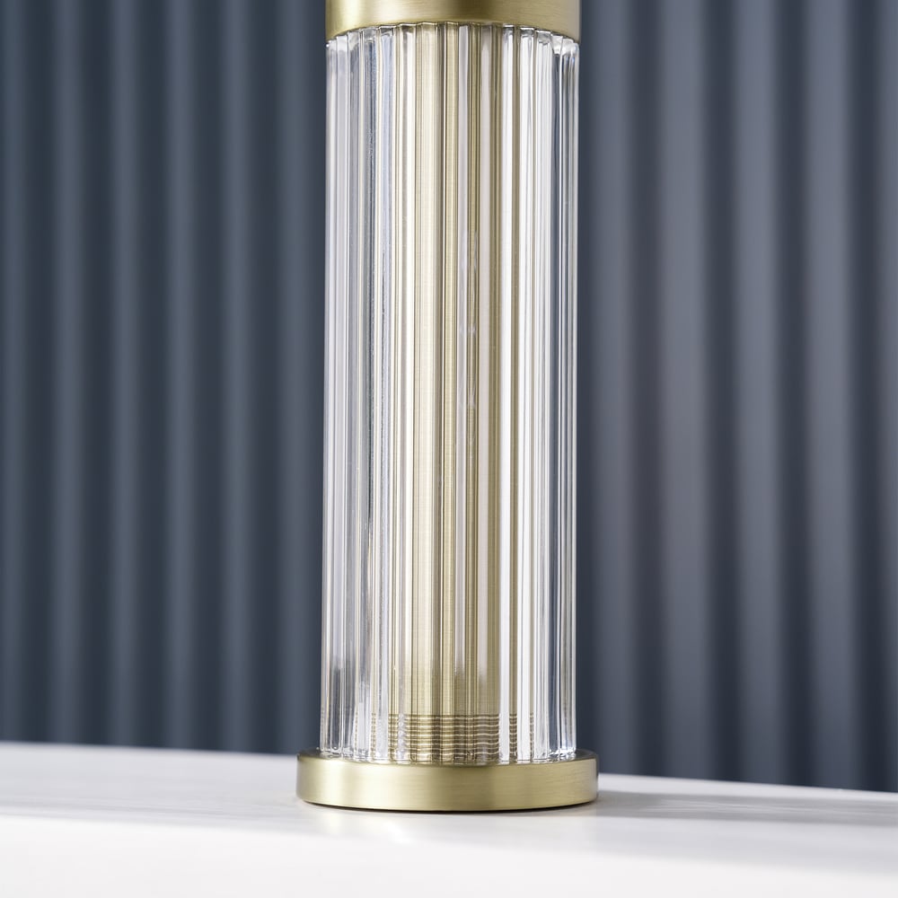 Luxury Brushed Gold Bathroom Faucet – Solid Brass Body with Acrylic Column window image