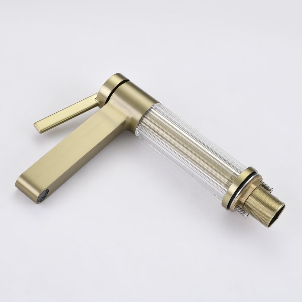 Luxury Brushed Gold Bathroom Faucet – Solid Brass Body with Acrylic Column window image