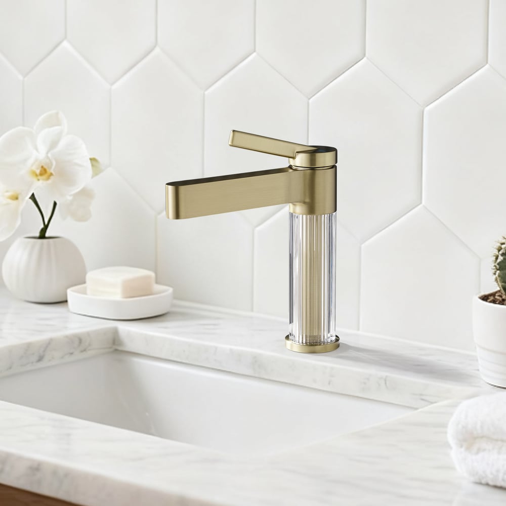 Luxury Brushed Gold Bathroom Faucet – Solid Brass Body with Acrylic Column window image