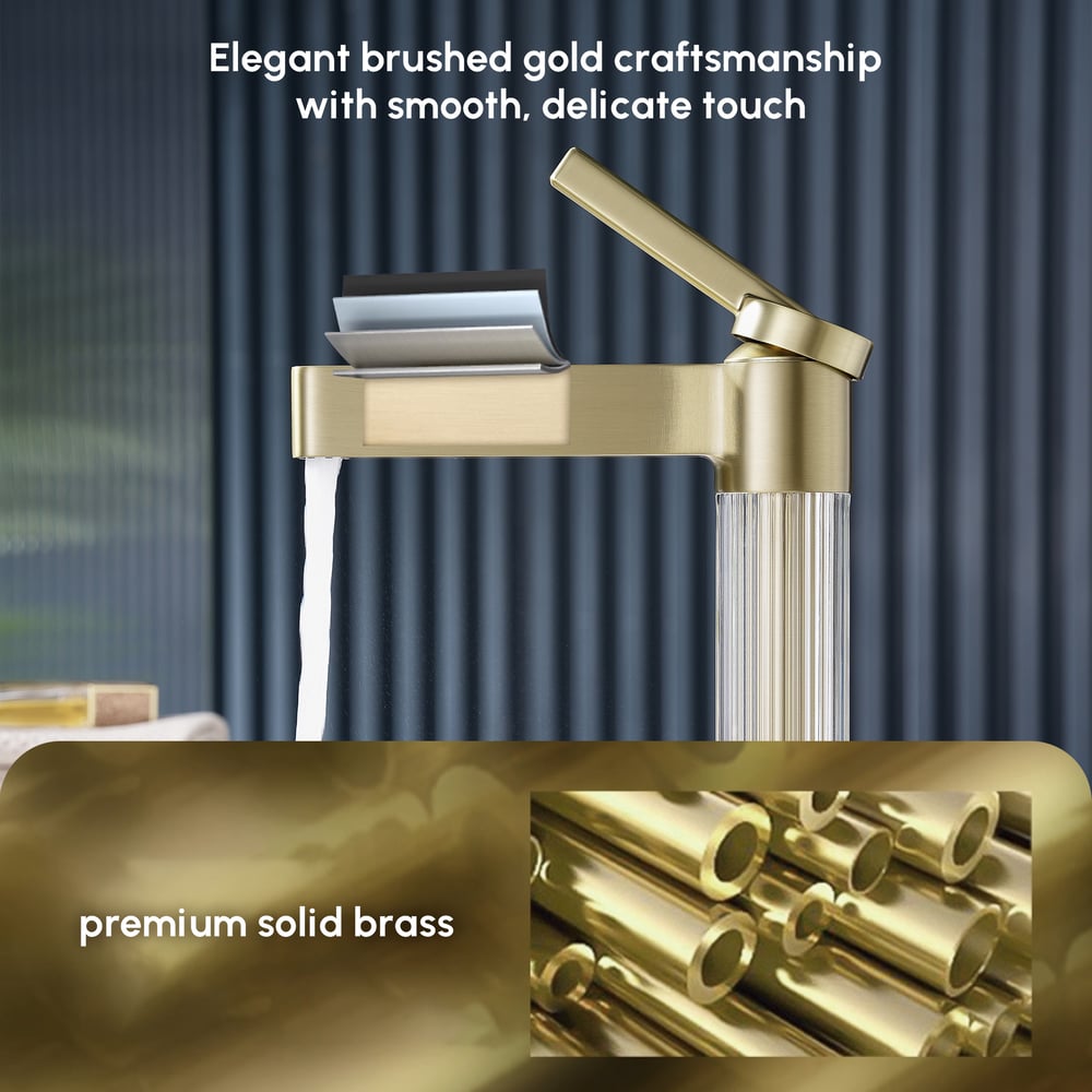Luxury Brushed Gold Bathroom Faucet – Solid Brass Body with Acrylic Column window image
