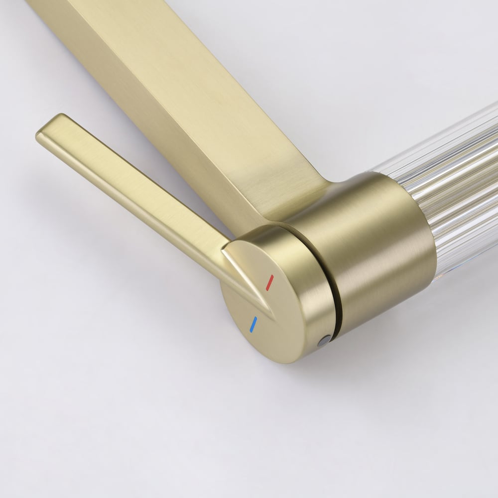 Luxury Brushed Gold Bathroom Faucet – Solid Brass Body with Acrylic Column window image