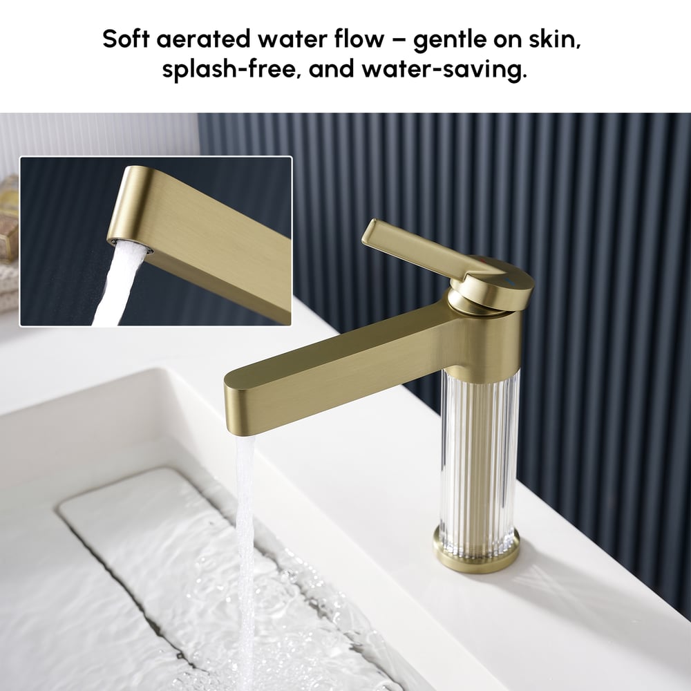 Luxury Brushed Gold Bathroom Faucet – Solid Brass Body with Acrylic Column window image