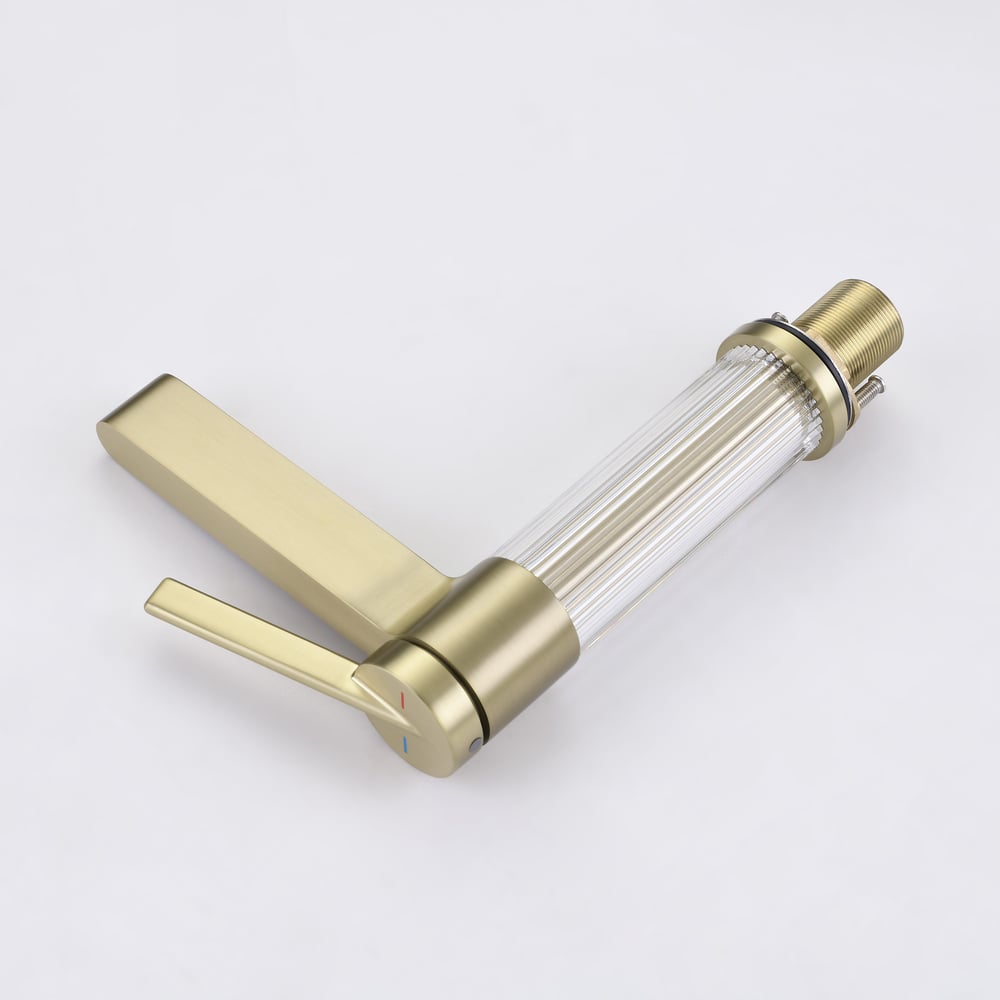 Luxury Brushed Gold Bathroom Faucet – Solid Brass Body with Acrylic Column window image