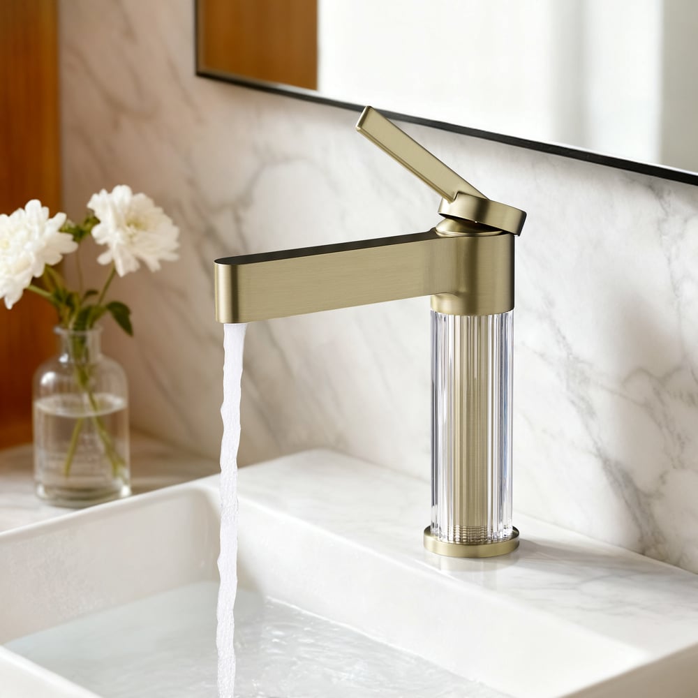 Luxury Brushed Gold Bathroom Faucet – Solid Brass Body with Acrylic Column window image