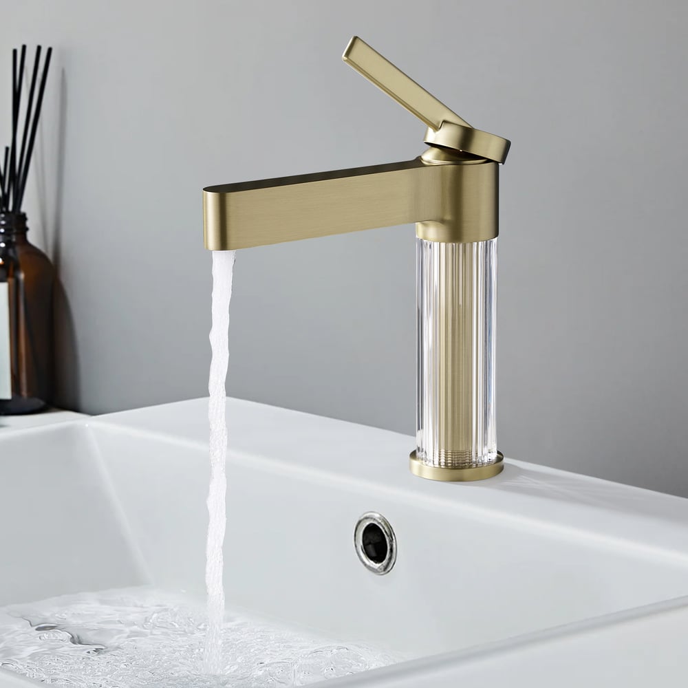Luxury Brushed Gold Bathroom Faucet – Solid Brass Body with Acrylic Column window image