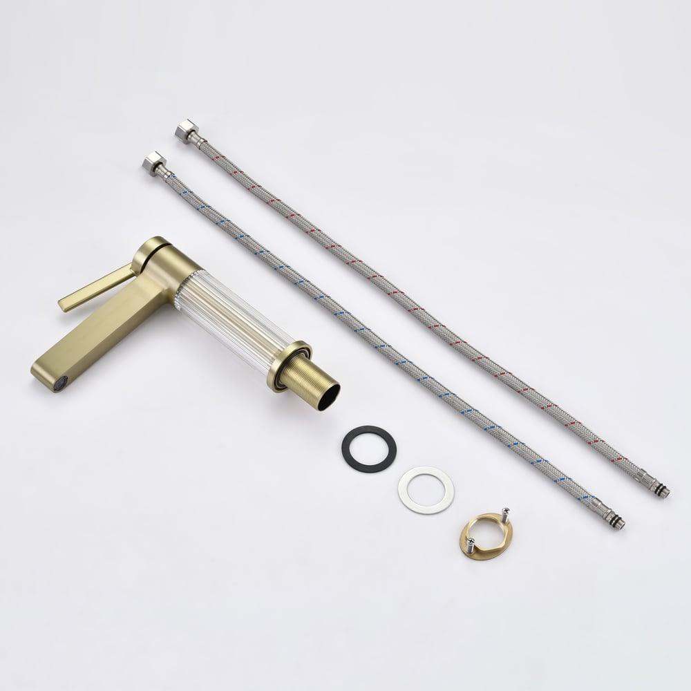 Luxury Brushed Gold Bathroom Faucet – Solid Brass Body with Acrylic Column window image