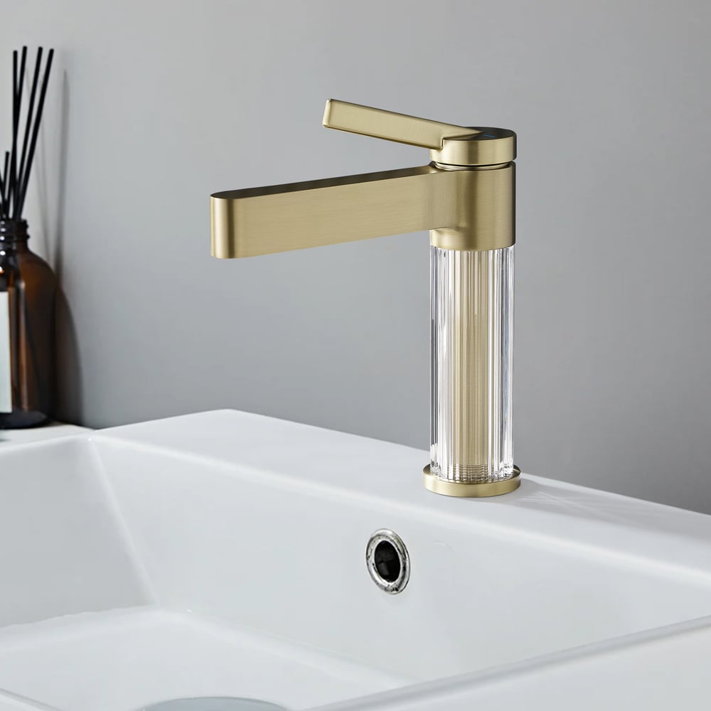 Luxury Brushed Gold Bathroom Faucet – Solid Brass Body with Acrylic Column window image