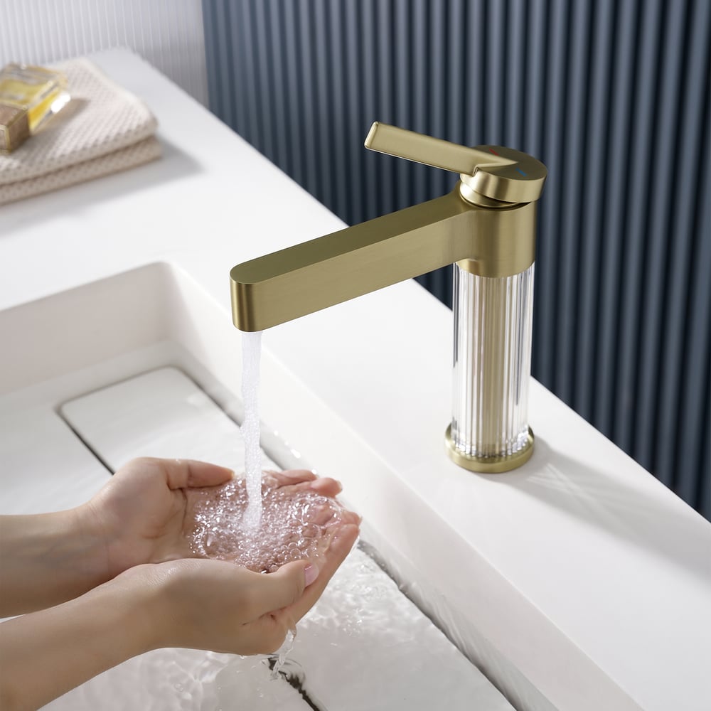 Luxury Brushed Gold Bathroom Faucet – Solid Brass Body with Acrylic Column window image