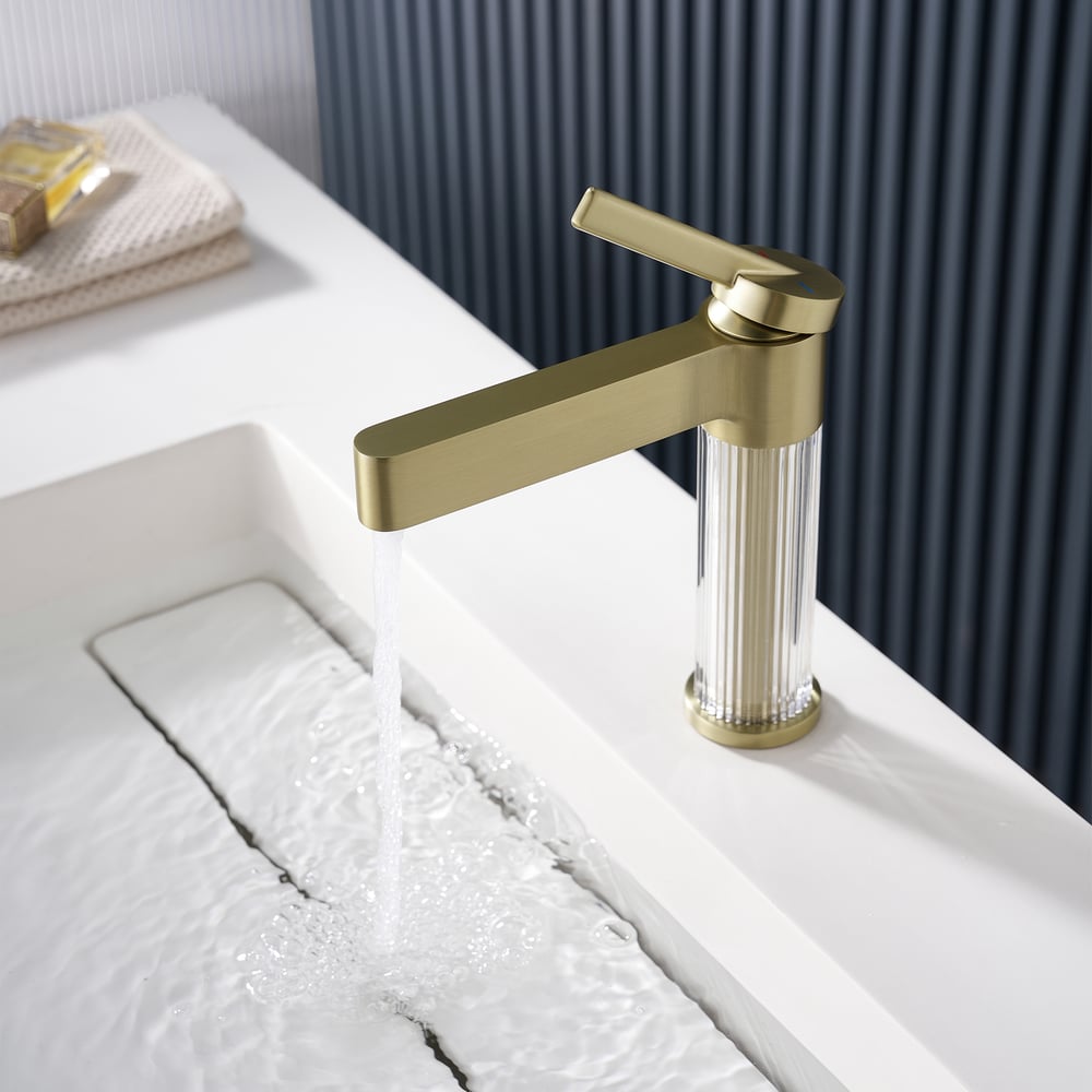 Luxury Brushed Gold Bathroom Faucet – Solid Brass Body with Acrylic Column window image