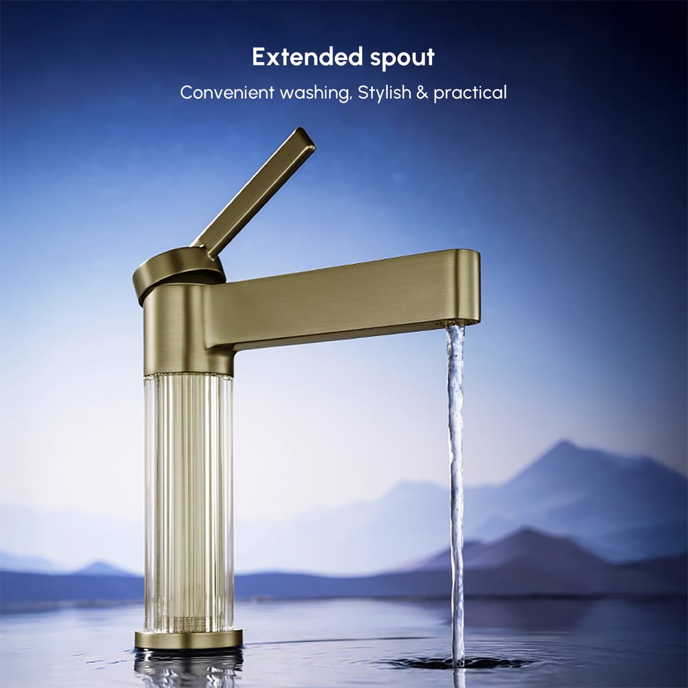 Luxury Brushed Gold Bathroom Faucet – Solid Brass Body with Acrylic Column window image