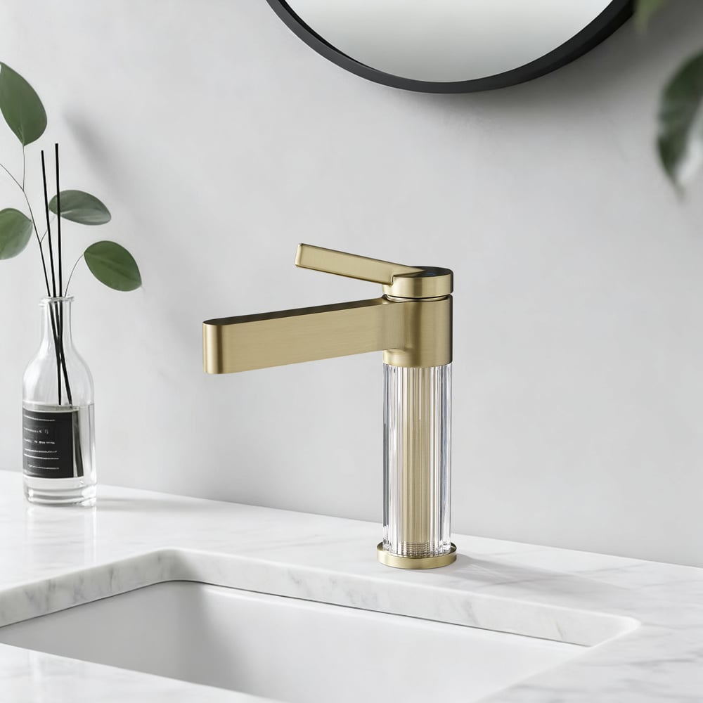 Luxury Brushed Gold Bathroom Faucet – Solid Brass Body with Acrylic Column window image