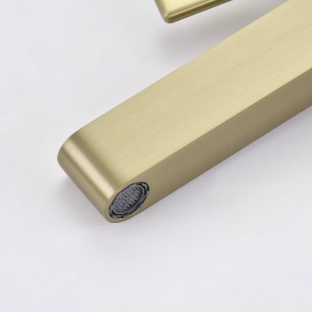 Luxury Brushed Gold Bathroom Faucet – Solid Brass Body with Acrylic Column window image