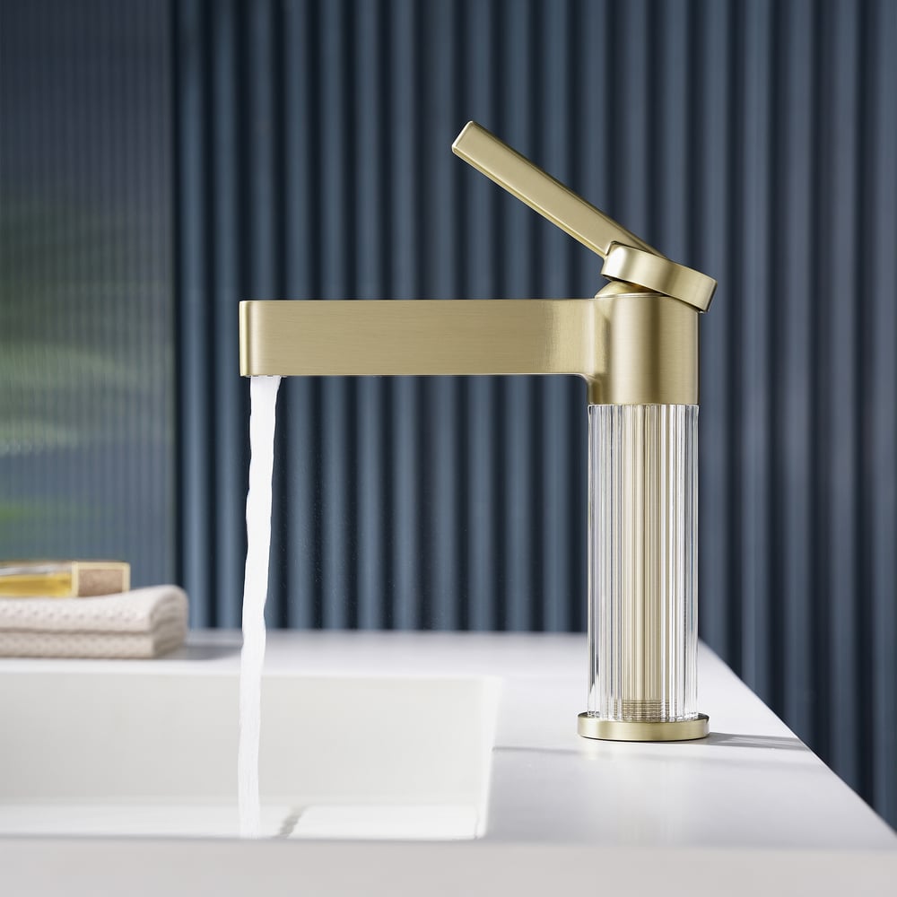 Luxury Brushed Gold Bathroom Faucet – Solid Brass Body with Acrylic Column window image