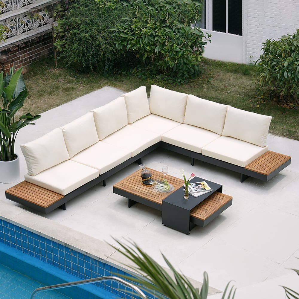 4-Pieces Modular Aluminum & Teak Outdoor Sofa Set with Covers for 6 Person in Beige window image