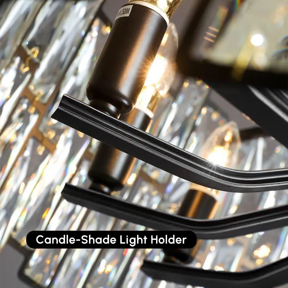 Moderní geometrický křišťálový lustr Clytia 14-Light s nastavitelným řetízkem v černé barvě obrázek okna