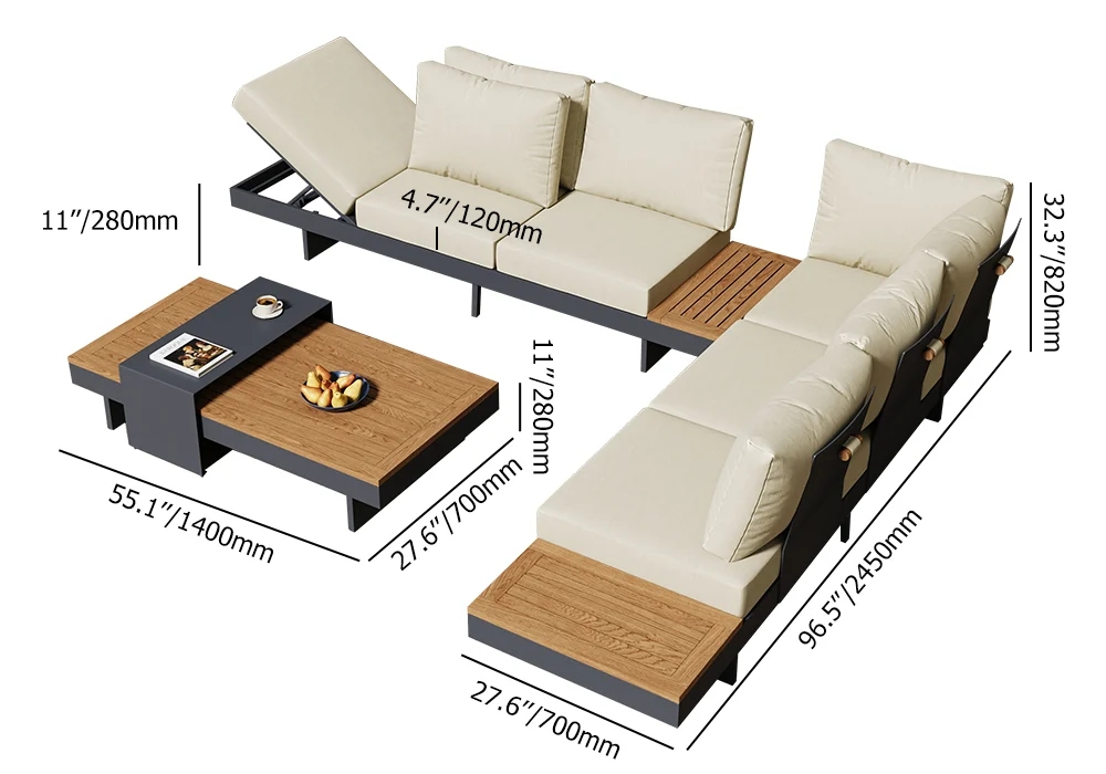 4-Pieces Modular Aluminum & Teak Outdoor Sofa Set with Covers for 6 Person in Beige weights dimensions image