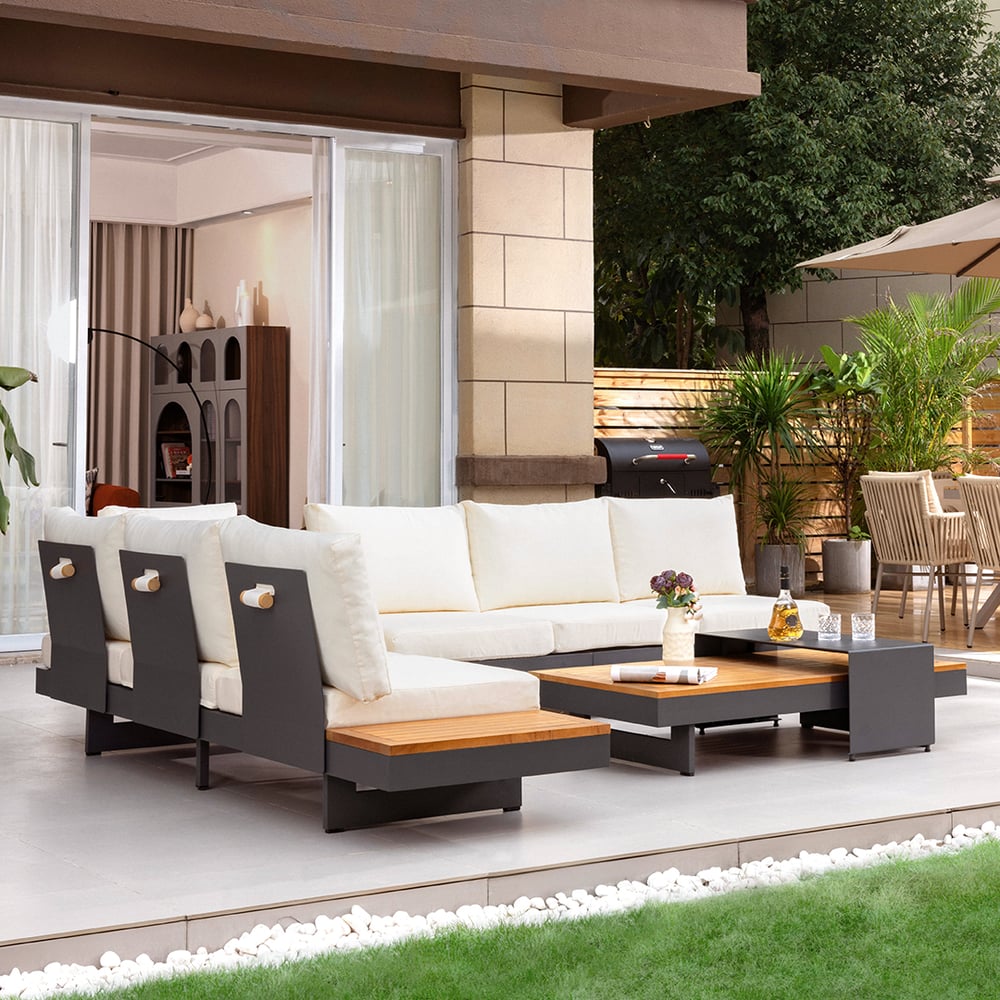 4-Pieces Modular Aluminum & Teak Outdoor Sofa Set with Covers for 6 Person in Beige window image