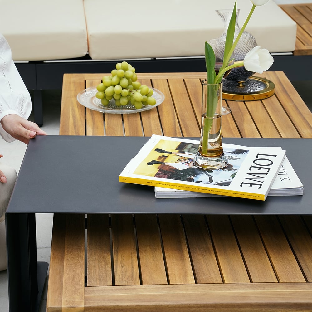 4-Pieces Modular Aluminum & Teak Outdoor Sofa Set with Covers for 6 Person in Beige window image