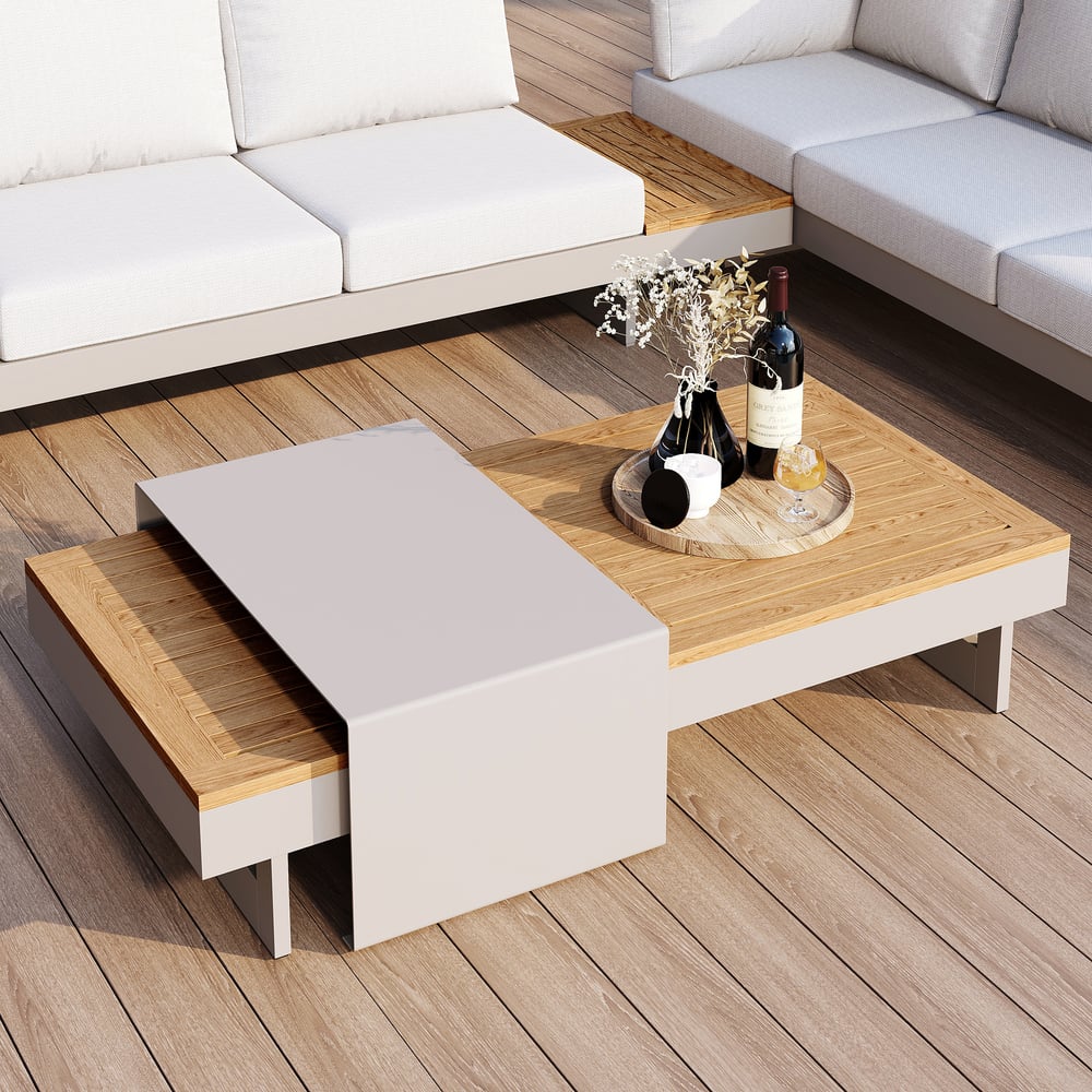 4-Pieces Modular Aluminum & Teak Outdoor Sofa Set with Covers for 6 Person in Light Gray window image