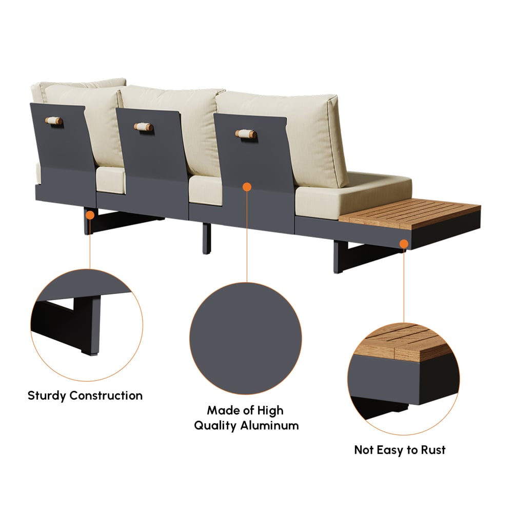 4-Pieces Modular Aluminum & Teak Outdoor Sofa Set with Covers for 6 Person in Beige window image