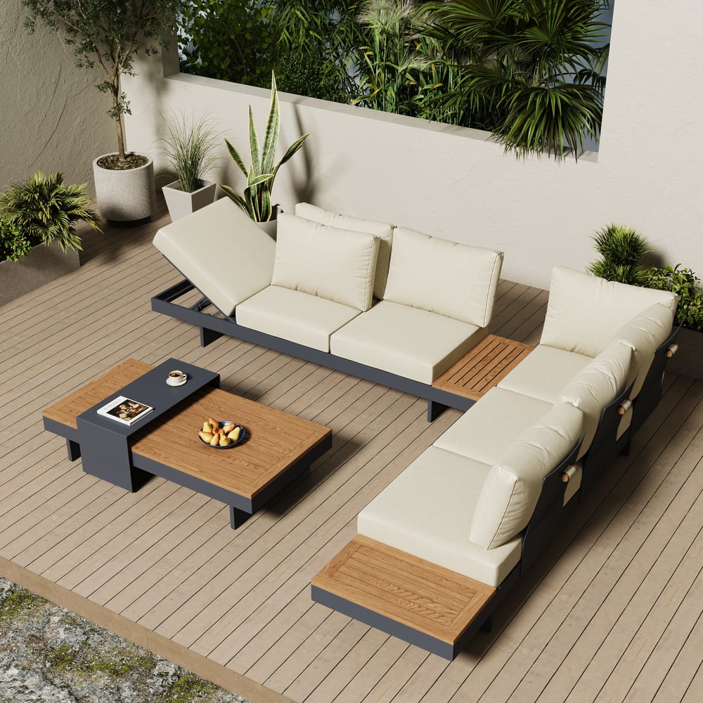 4-Pieces Modular Aluminum & Teak Outdoor Sofa Set with Covers for 6 Person in Beige window image