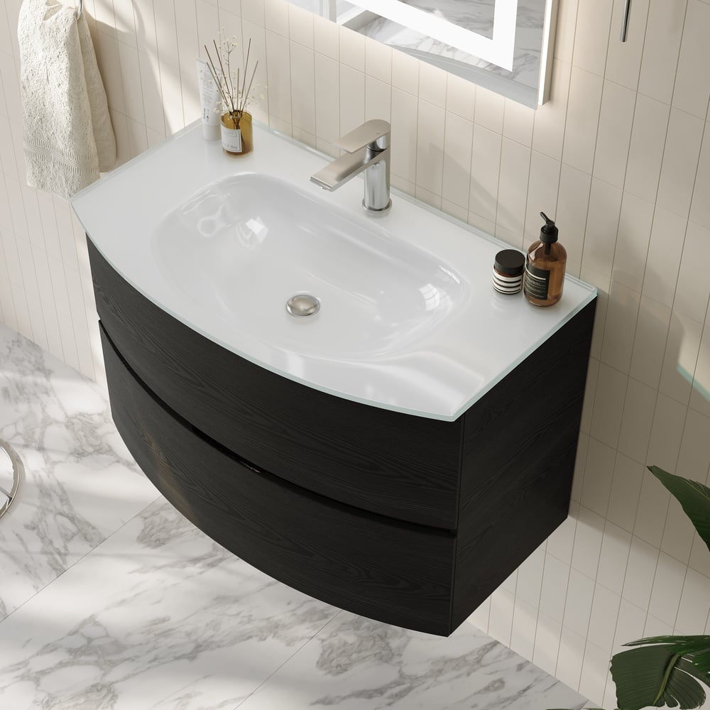 Modern 800mm Floating Bathroom Vanity with One-piece Glass Basin 2 Drawers in Black window image