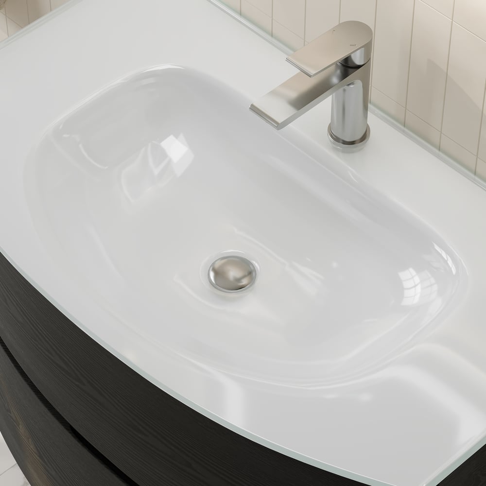 Modern 800mm Floating Bathroom Vanity with One-piece Glass Basin 2 Drawers in Black window image