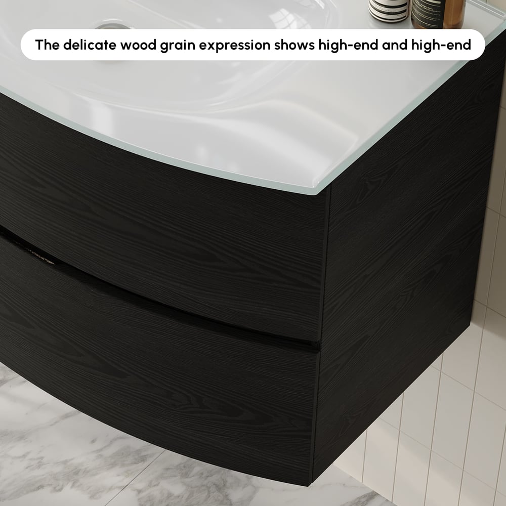 Modern 800mm Floating Bathroom Vanity with One-piece Glass Basin 2 Drawers in Black window image