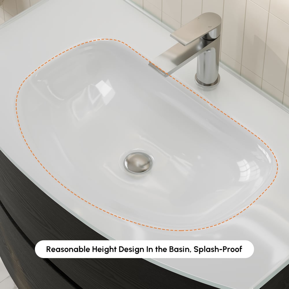 Modern 800mm Floating Bathroom Vanity with One-piece Glass Basin 2 Drawers in Black window image