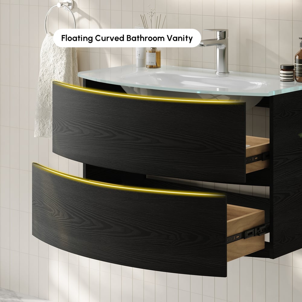 Modern 800mm Floating Bathroom Vanity with One-piece Glass Basin 2 Drawers in Black window image