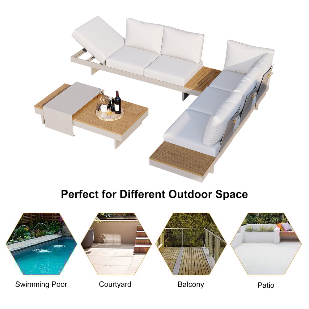 4-Pieces Modular Aluminum & Teak Outdoor Sofa Set with Covers for 6 Person in Light Gray window image