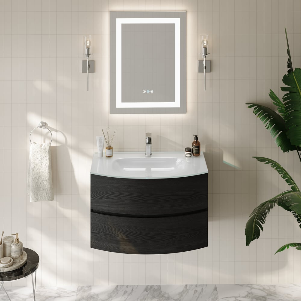 Modern 800mm Floating Bathroom Vanity with One-piece Glass Basin 2 Drawers in Black window image